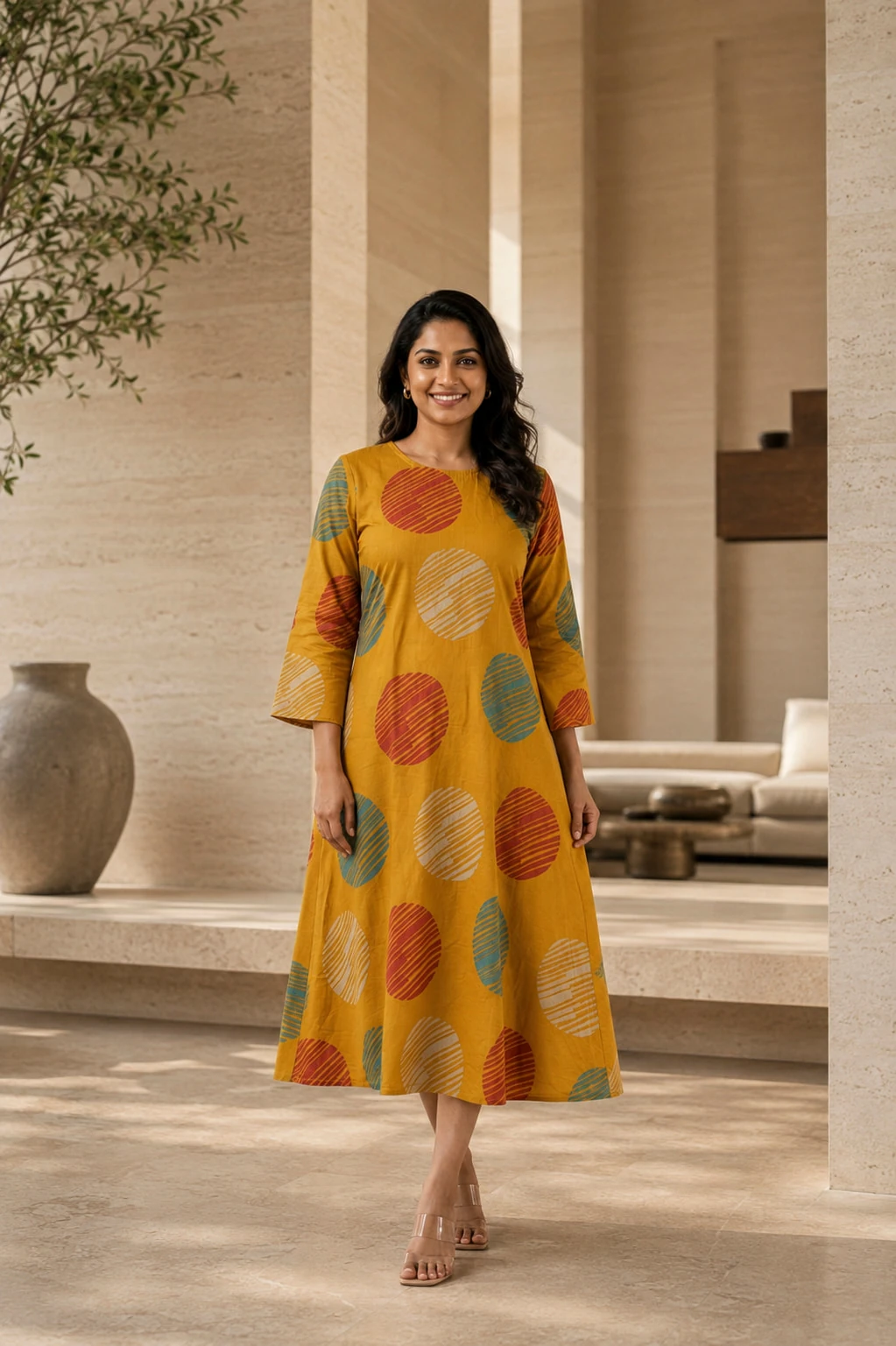 Bansari Women's Teal Blue Pure Cotton Printed Gathered A-Line Dress