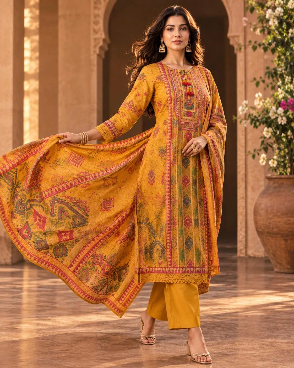 Mustard Pure Linen Printed Kurta Set with Dupatta