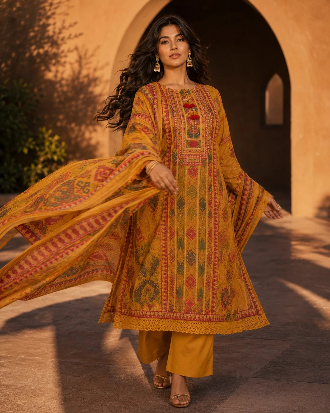 Mustard Pure Linen Printed Kurta Set with Dupatta — view 2