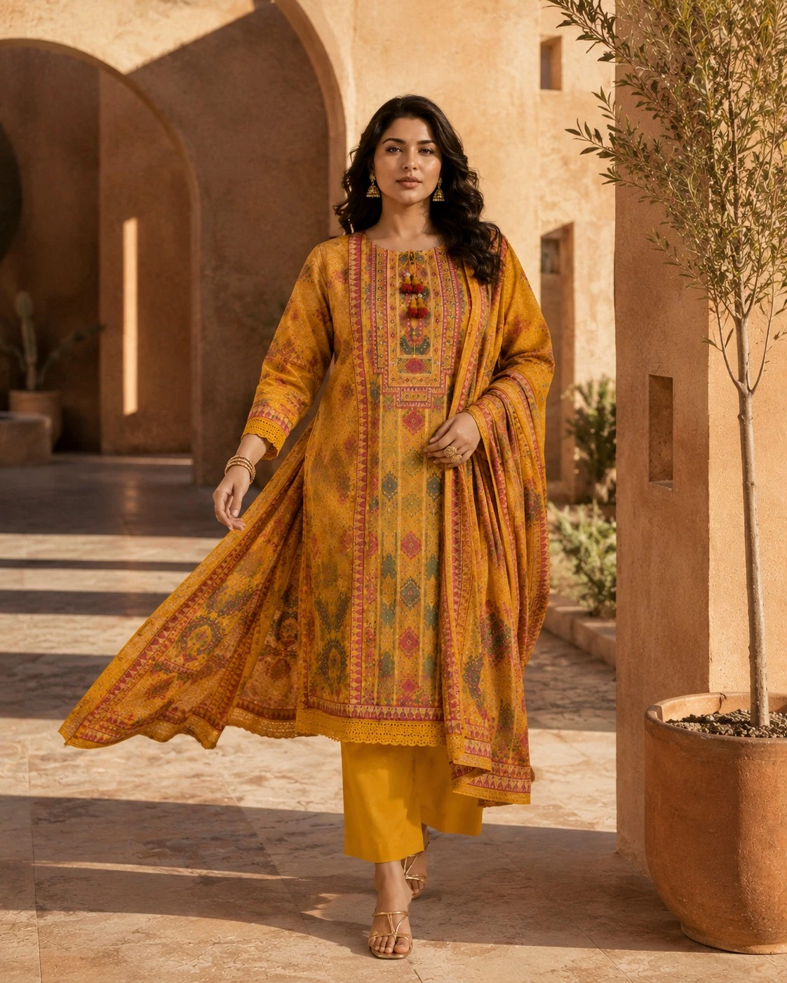 Mustard Pure Linen Printed Kurta Set with Dupatta — view 3