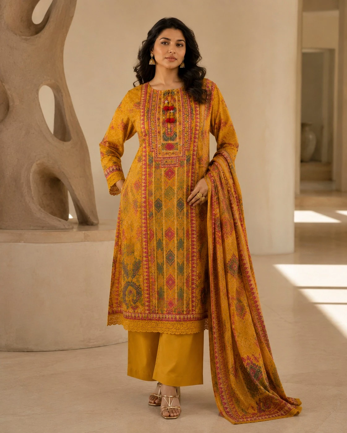Mustard Pure Linen Printed Kurta Set with Dupatta — view 4