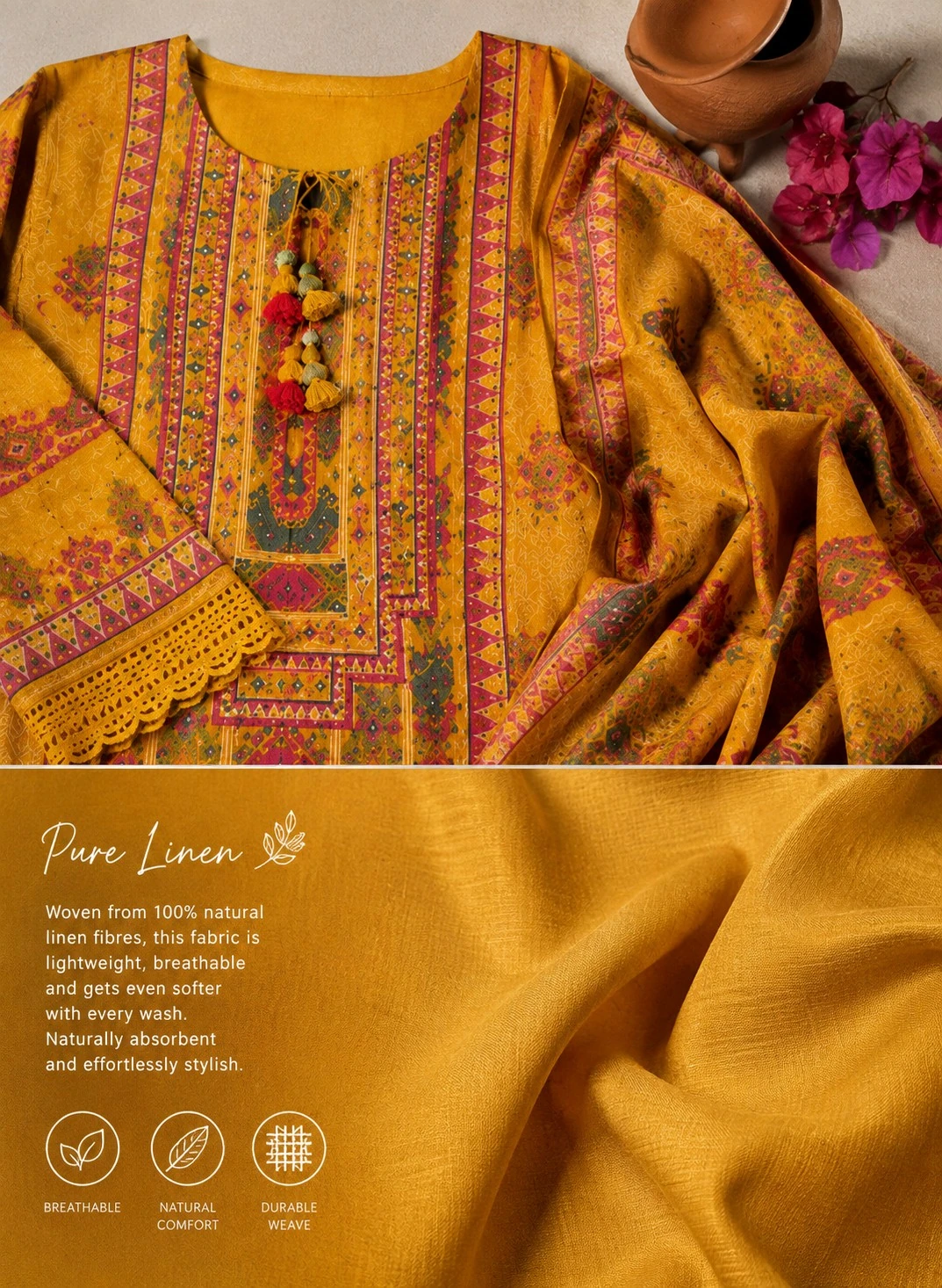 Mustard Pure Linen Printed Kurta Set with Dupatta — view 5