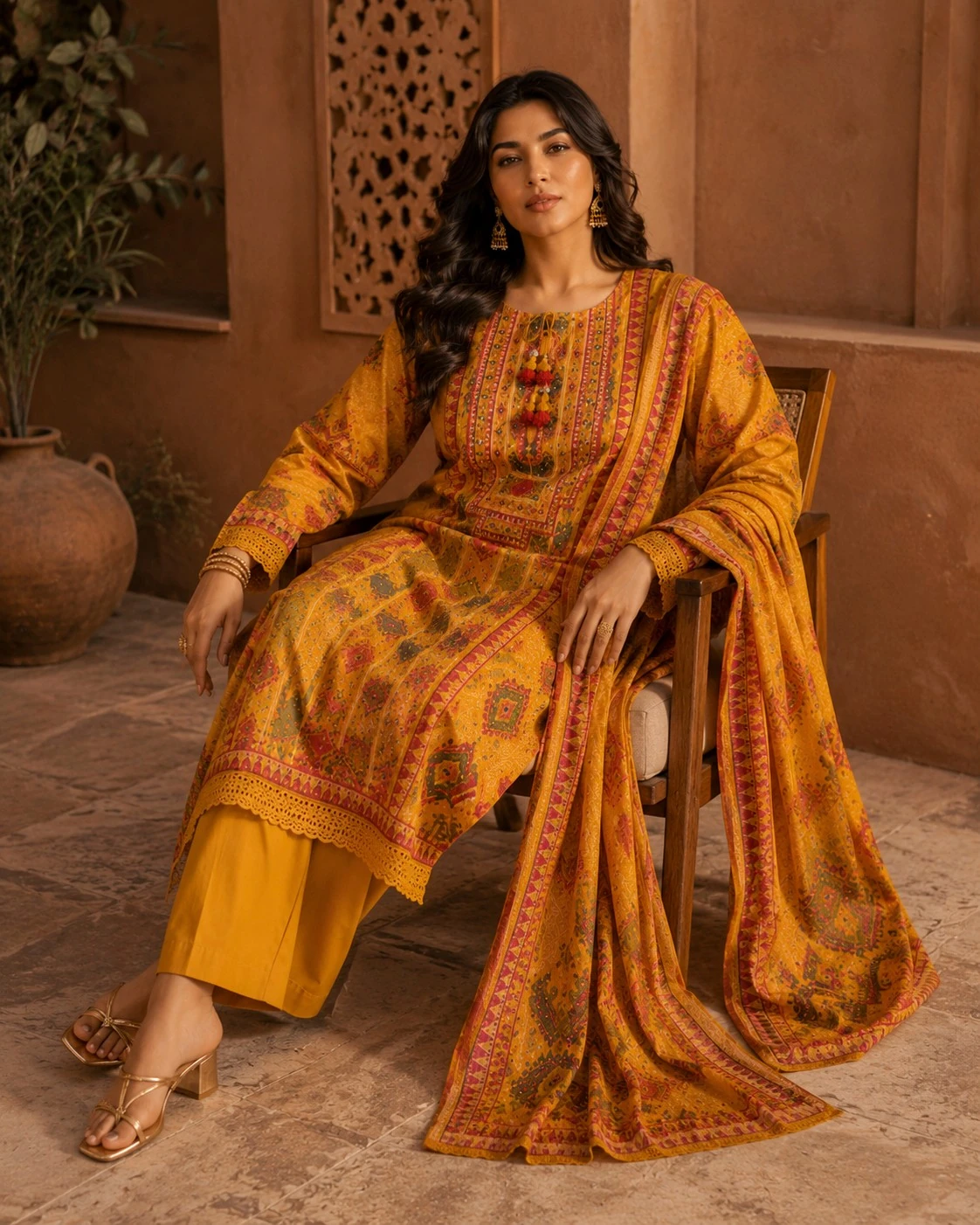 Mustard Pure Linen Printed Kurta Set with Dupatta — view 6