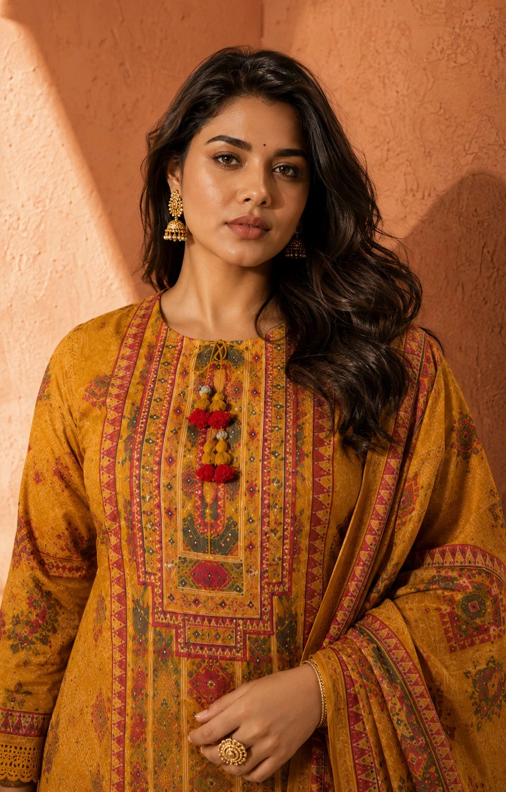Mustard Pure Linen Printed Kurta Set with Dupatta — view 7