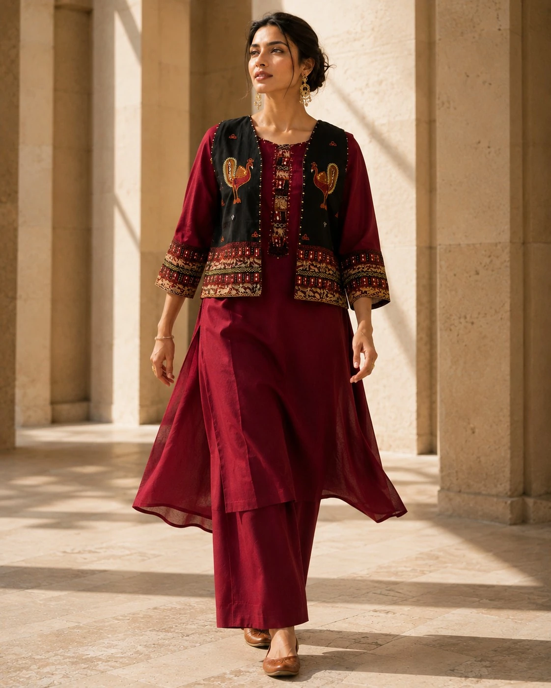 Maroon Pure Cotton Kurta Set with Embroidered Jacket