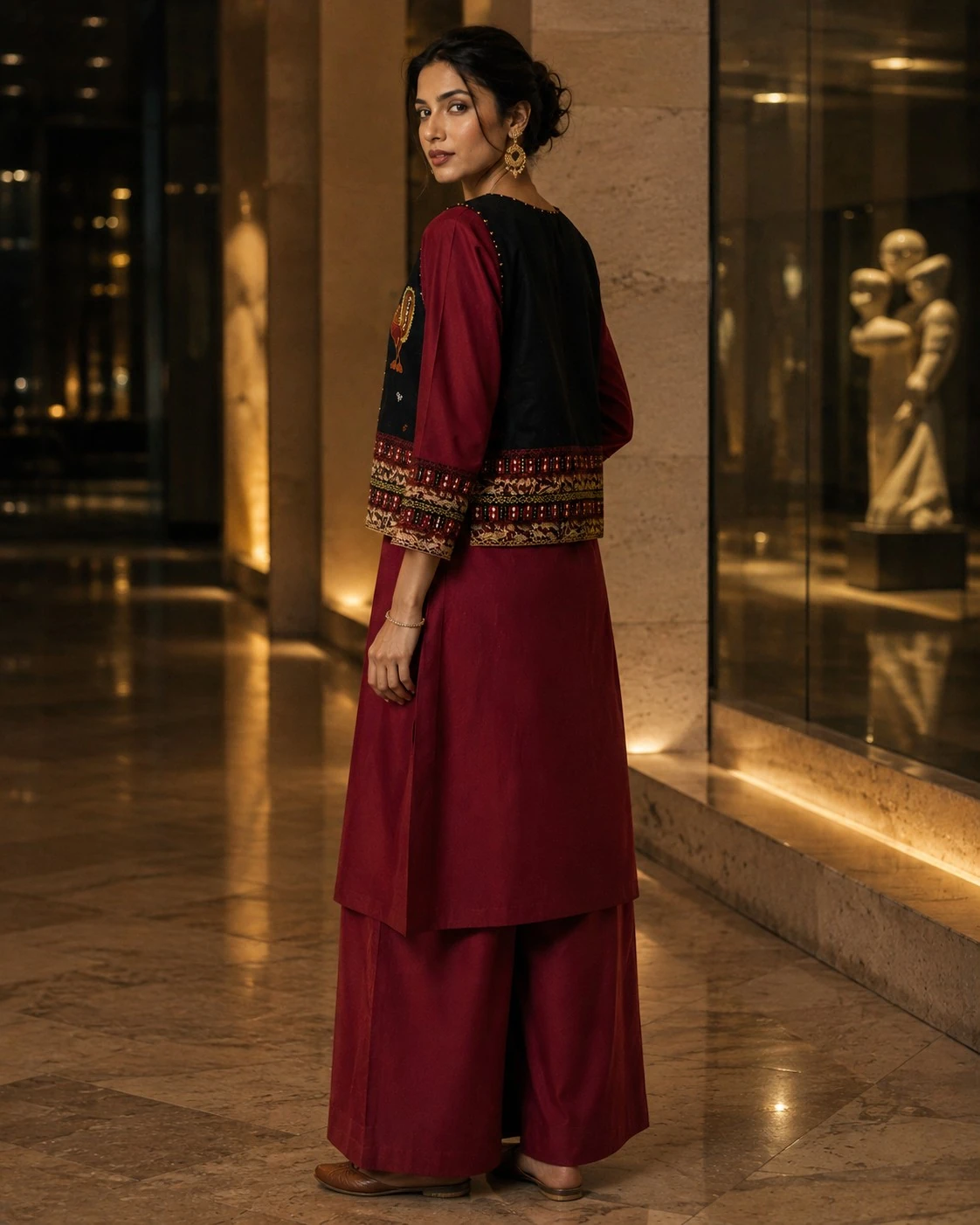 Maroon Pure Cotton Kurta Set with Embroidered Jacket — view 2