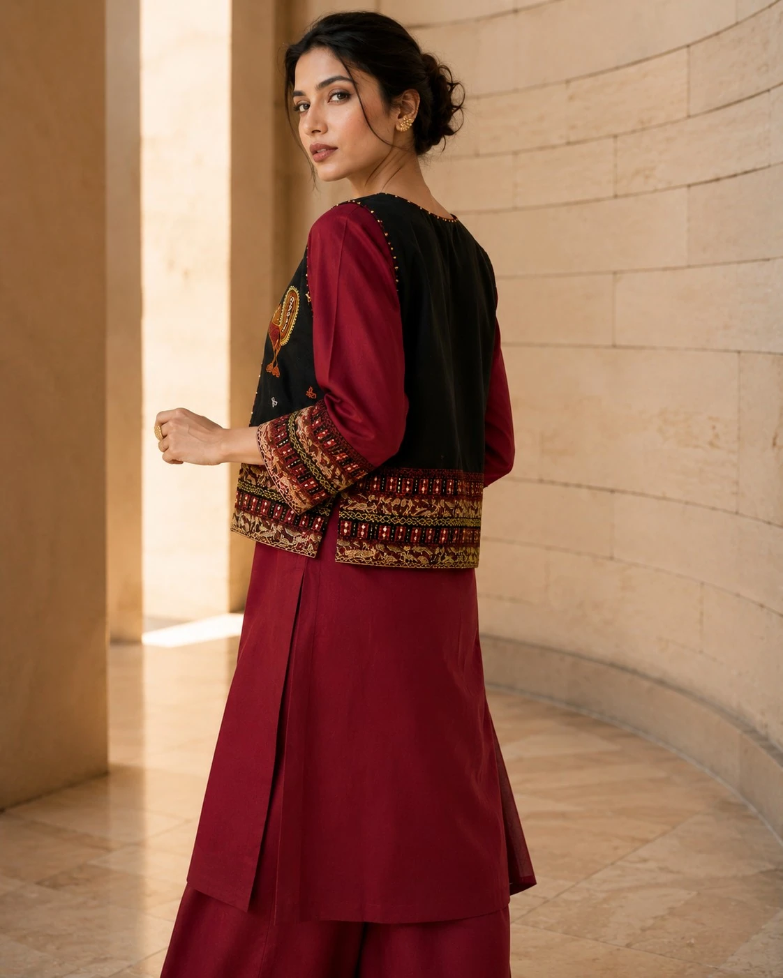 Maroon Pure Cotton Kurta Set with Embroidered Jacket — view 3
