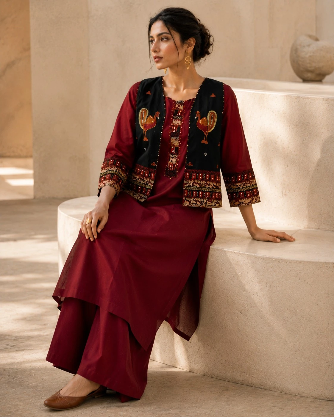 Maroon Pure Cotton Kurta Set with Embroidered Jacket — view 4