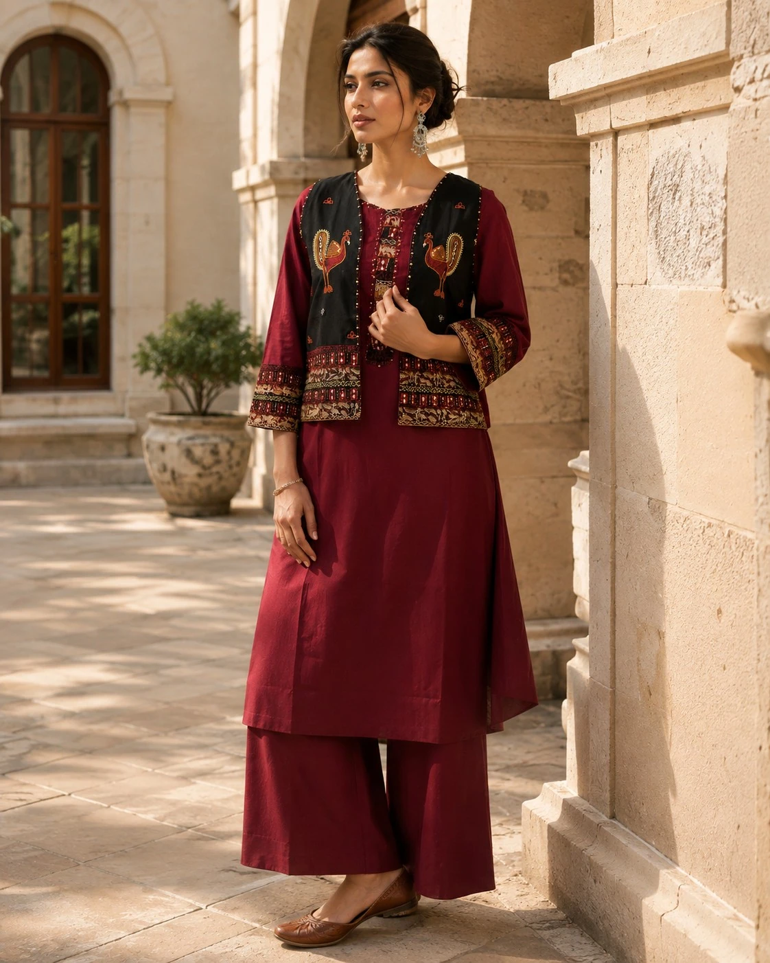 Maroon Pure Cotton Kurta Set with Embroidered Jacket — view 5