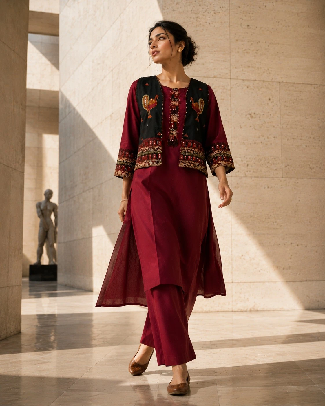 Maroon Pure Cotton Kurta Set with Embroidered Jacket — view 6