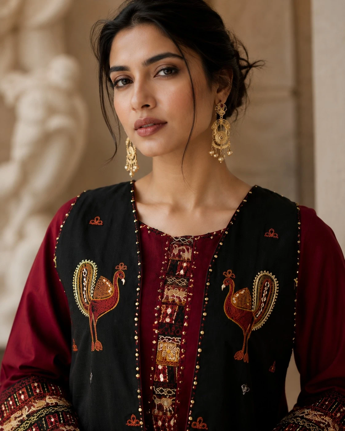 Maroon Pure Cotton Kurta Set with Embroidered Jacket — view 7