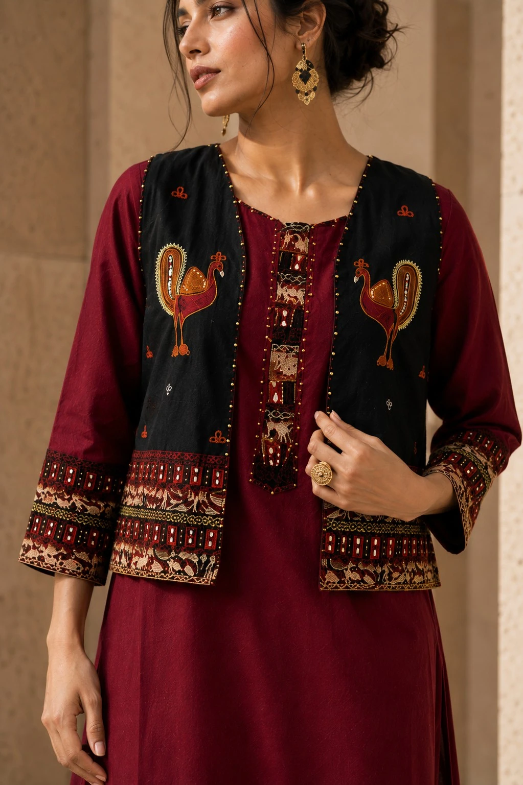 Maroon Pure Cotton Kurta Set with Embroidered Jacket — view 8