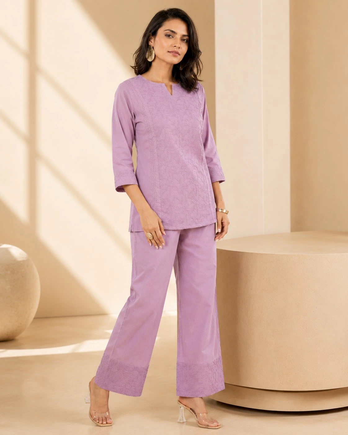 Lavender Pure Cotton Embroidered Kurta Set — view 2