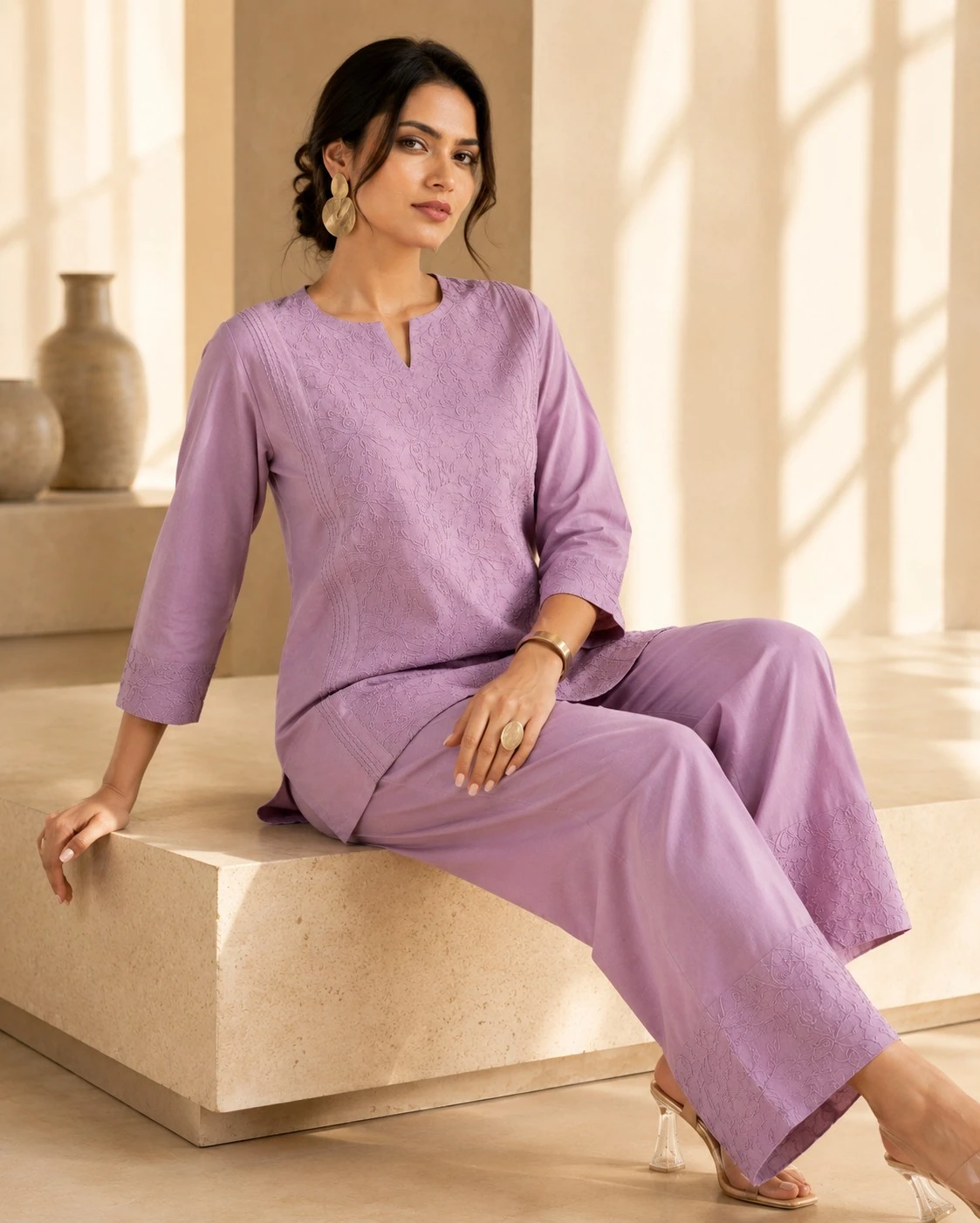 Lavender Pure Cotton Embroidered Kurta Set — view 5