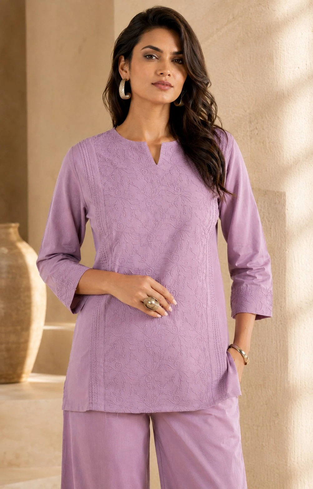 Lavender Pure Cotton Embroidered Kurta Set — view 7