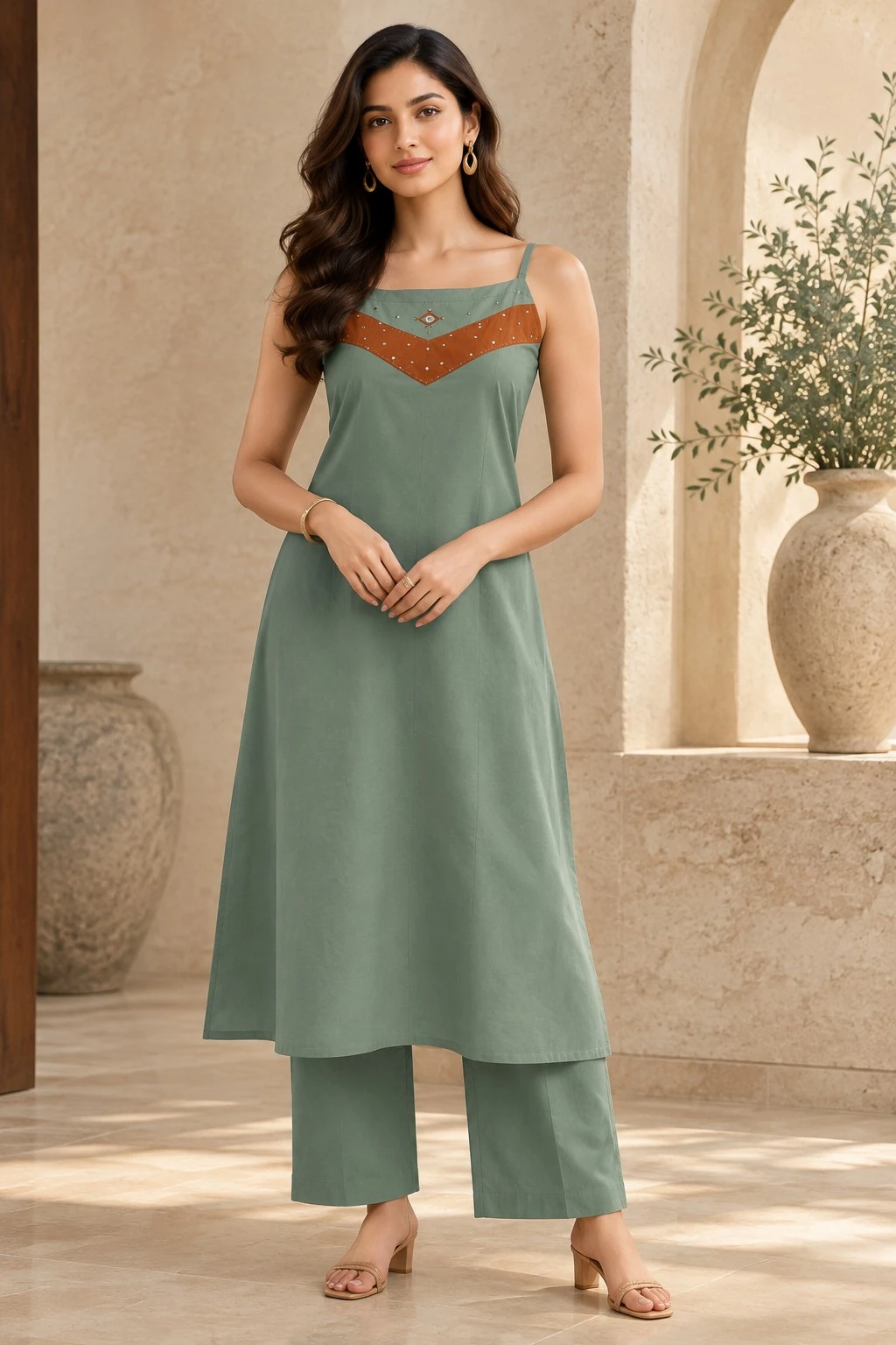 Sage Green Pure Cotton Yoke Design Kurta Set