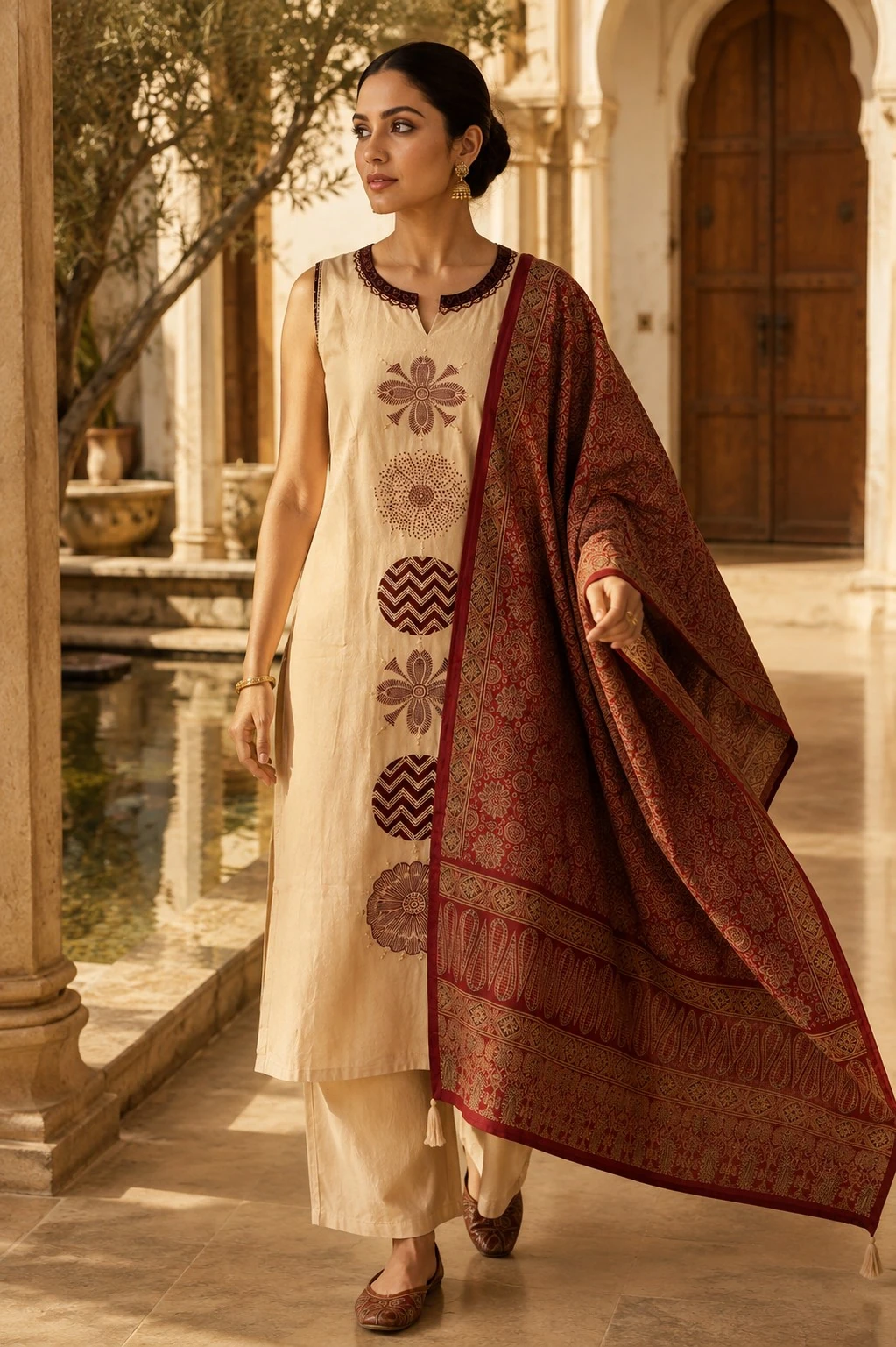 Cream Pure Cotton Printed Kurta Set with Maroon Printed Dupatta