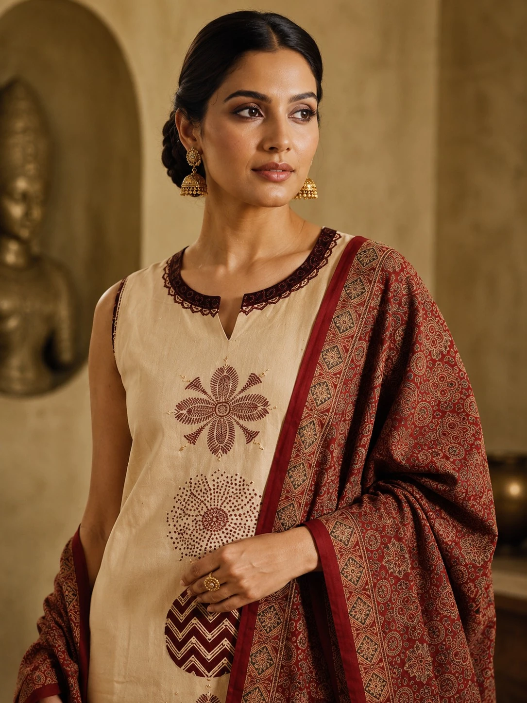 Cream Pure Cotton Printed Kurta Set with Maroon Printed Dupatta — view 2