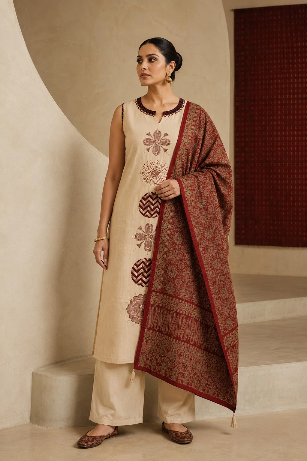 Cream Pure Cotton Printed Kurta Set with Maroon Printed Dupatta — view 3