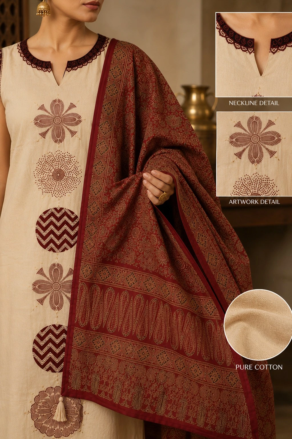 Cream Pure Cotton Printed Kurta Set with Maroon Printed Dupatta — view 4