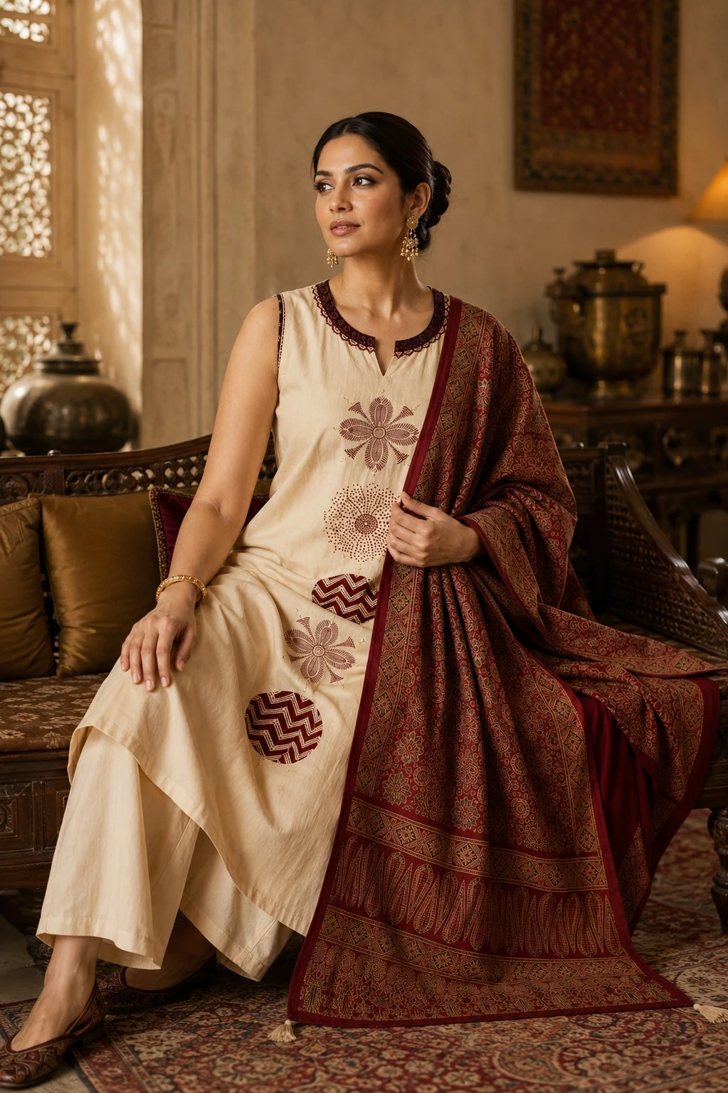Cream Pure Cotton Printed Kurta Set with Maroon Printed Dupatta — view 5