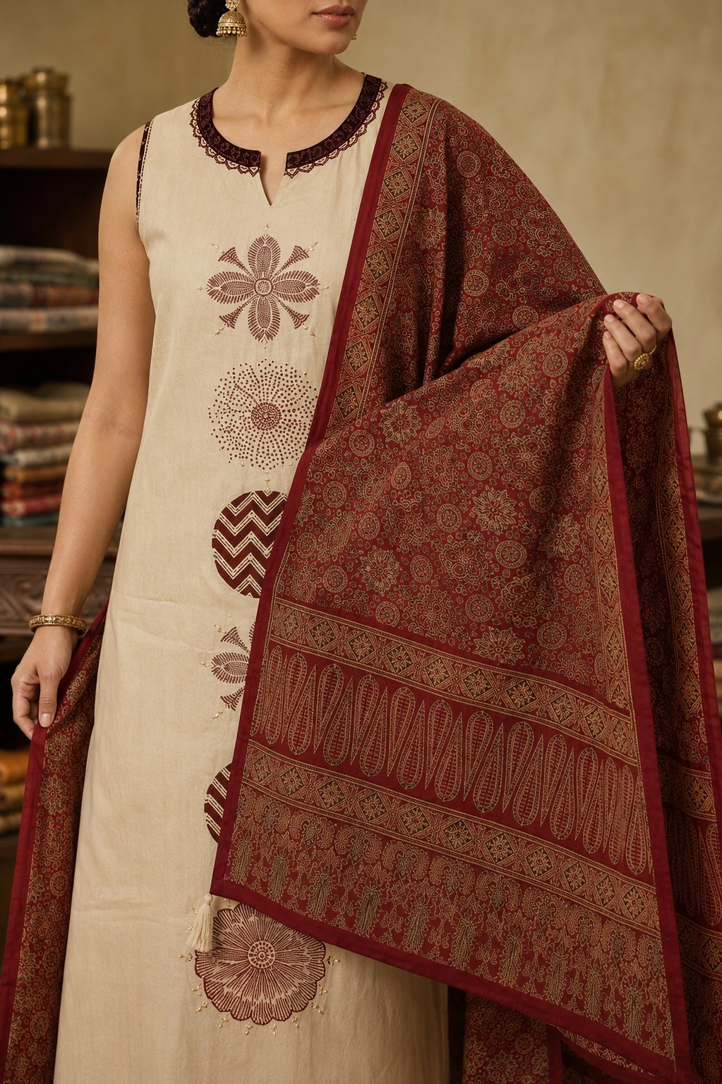 Cream Pure Cotton Printed Kurta Set with Maroon Printed Dupatta — view 6