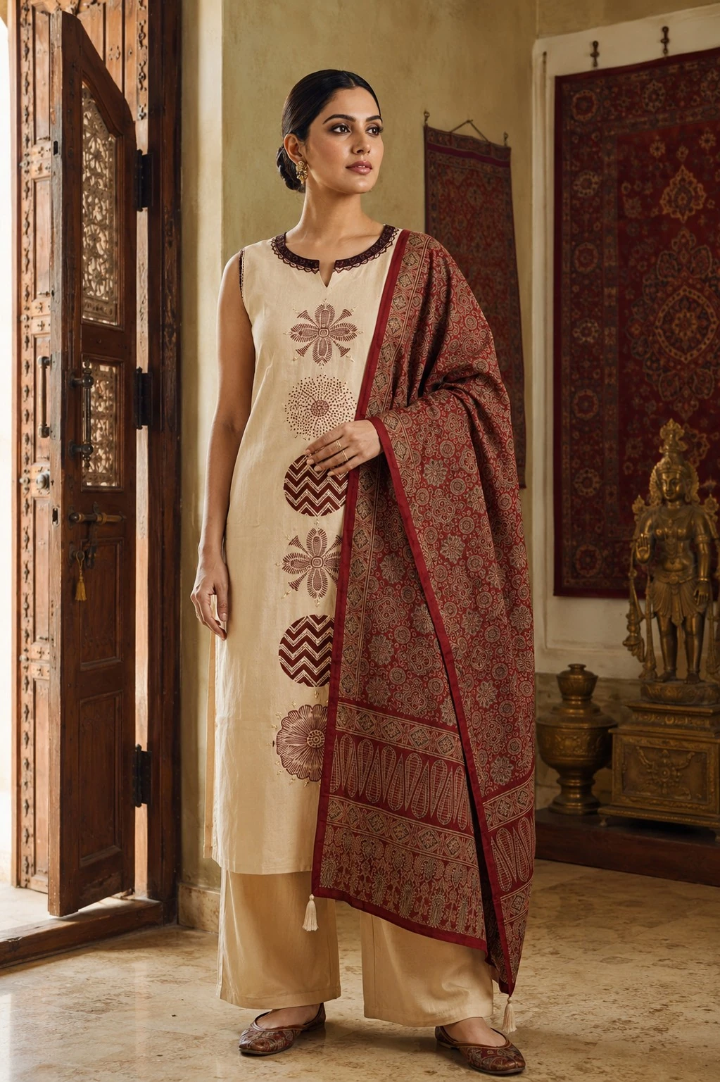 Cream Pure Cotton Printed Kurta Set with Maroon Printed Dupatta — view 7