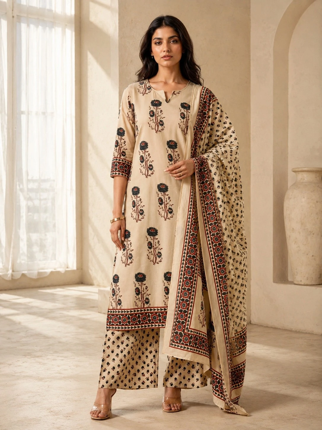 Cream Pure Cotton Floral Printed Kurta Set with Printed Dupatta