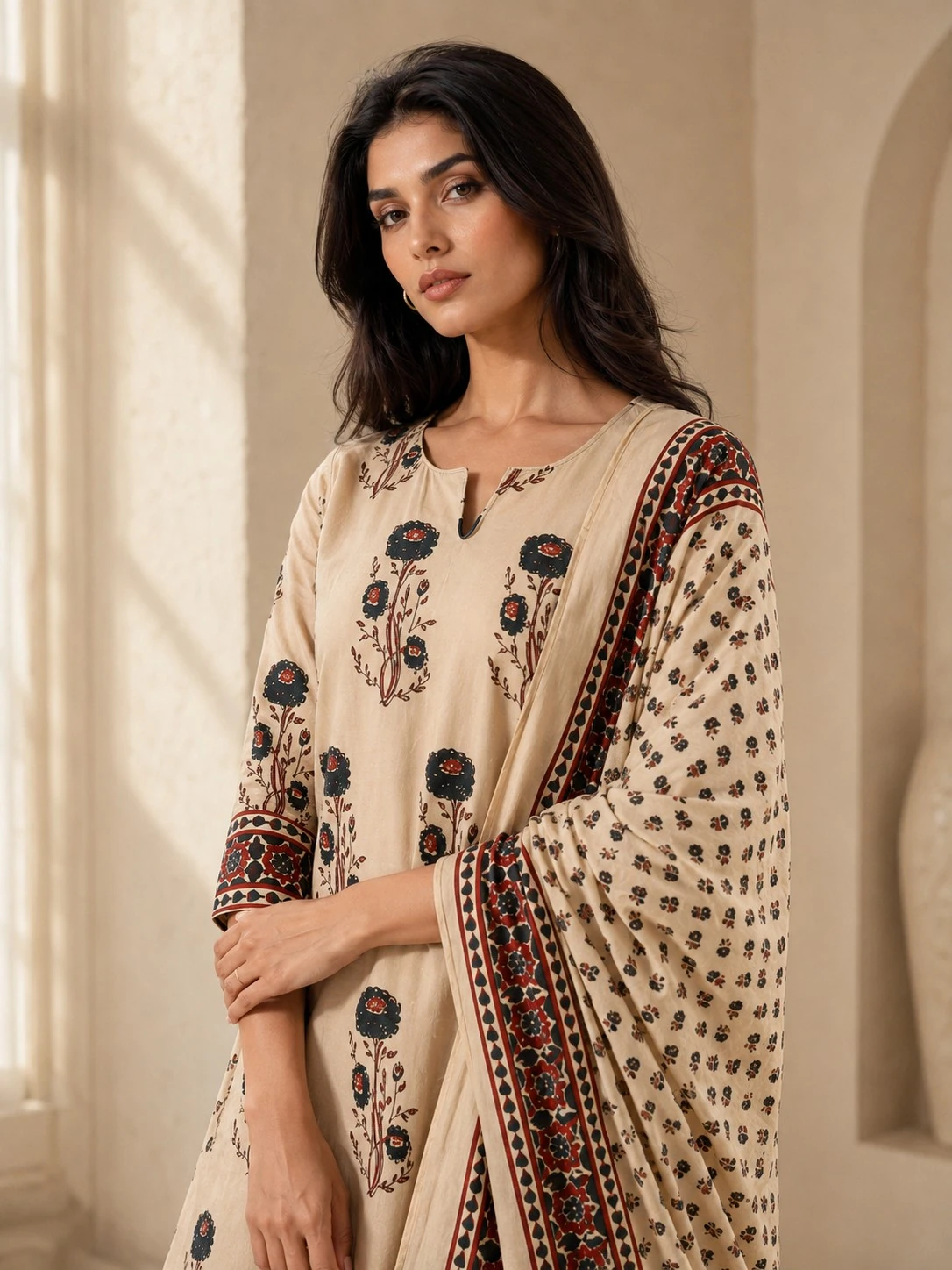 Cream Pure Cotton Floral Printed Kurta Set with Printed Dupatta — view 2