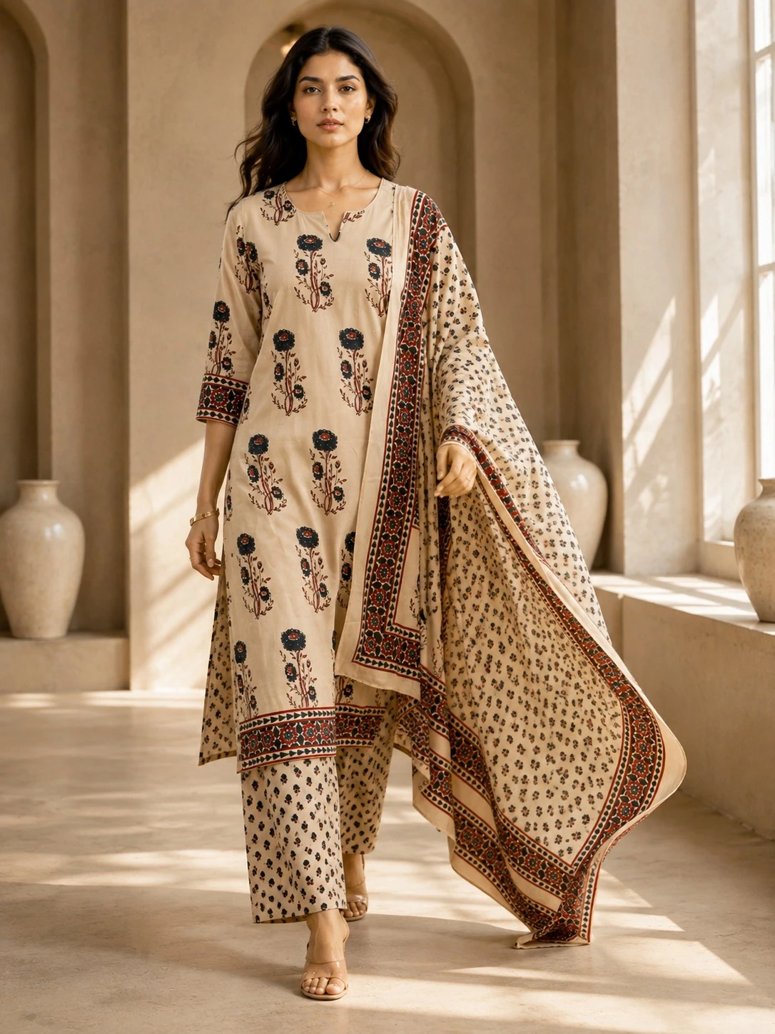 Cream Pure Cotton Floral Printed Kurta Set with Printed Dupatta — view 3