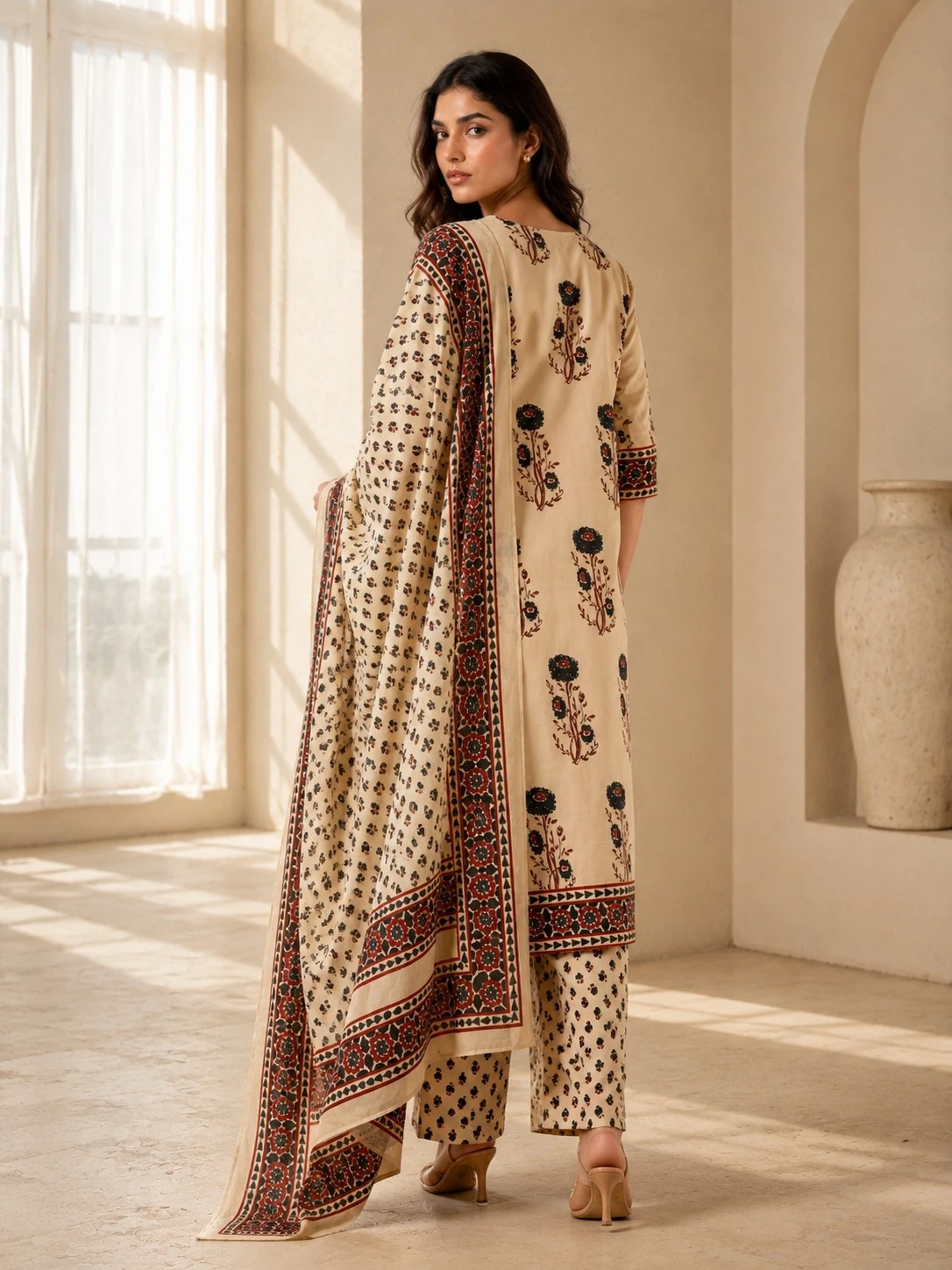 Cream Pure Cotton Floral Printed Kurta Set with Printed Dupatta — view 4