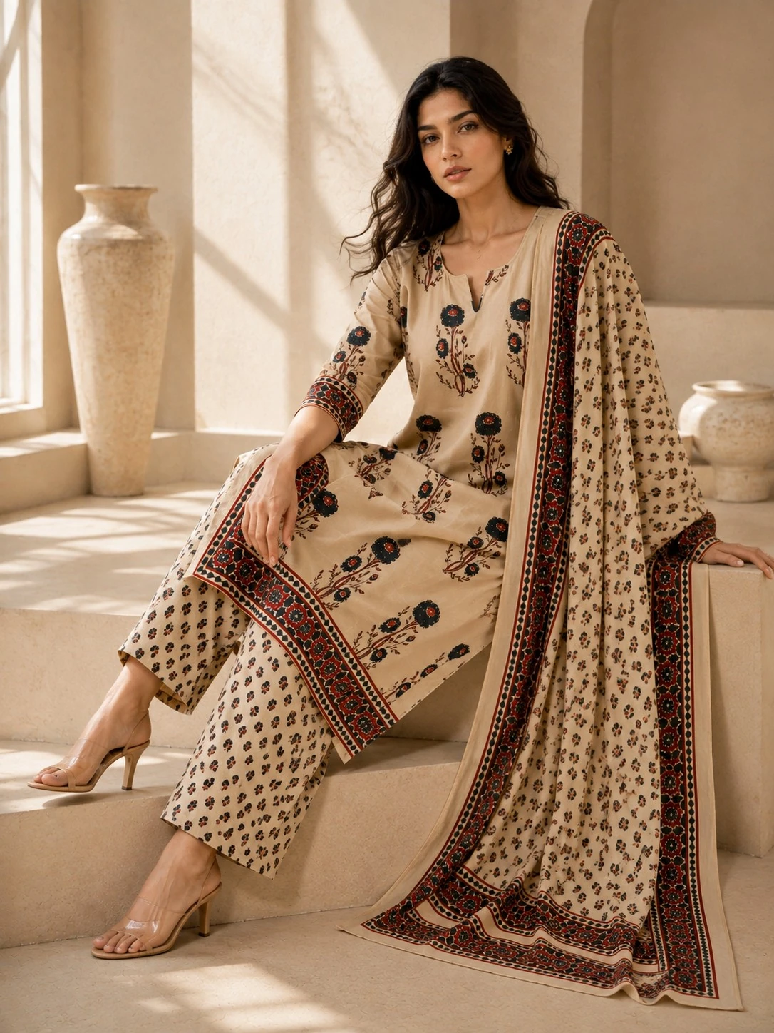 Cream Pure Cotton Floral Printed Kurta Set with Printed Dupatta — view 5