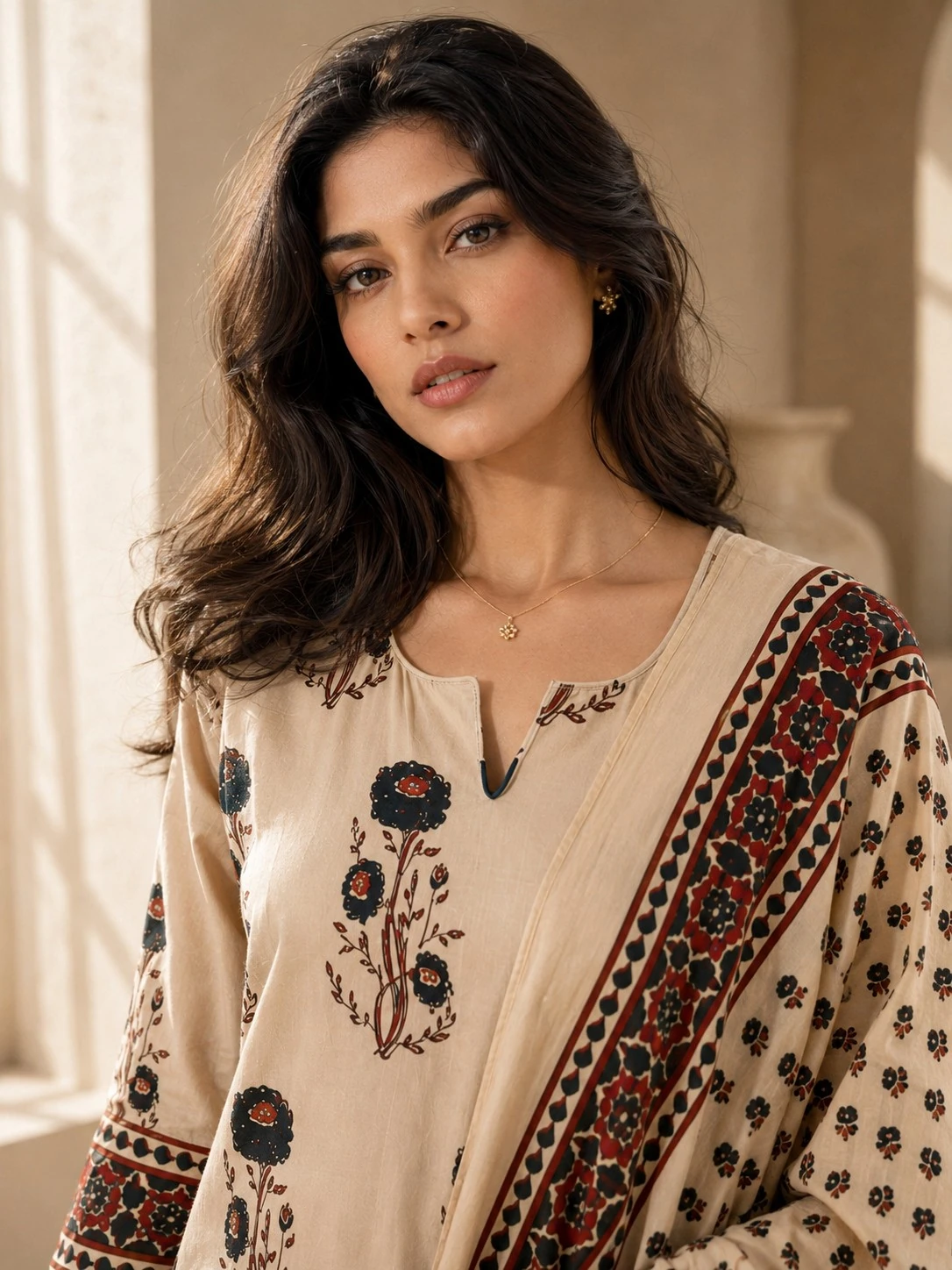 Cream Pure Cotton Floral Printed Kurta Set with Printed Dupatta — view 6