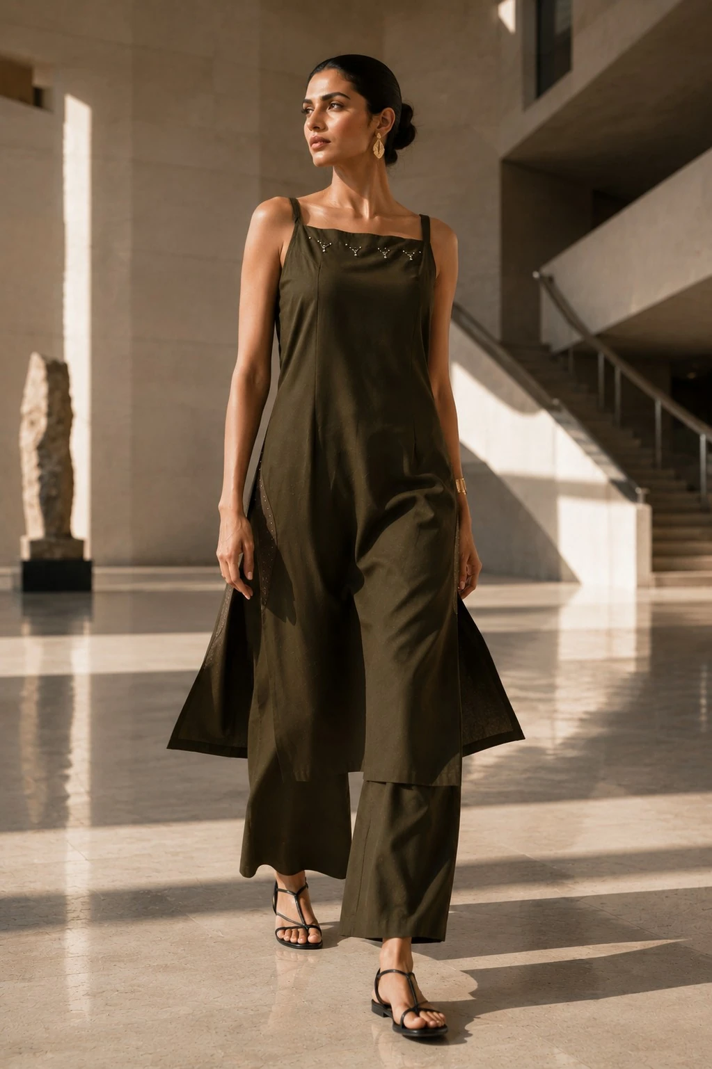 Olive Green Pure Cotton Beaded A-Line Kurta Set
