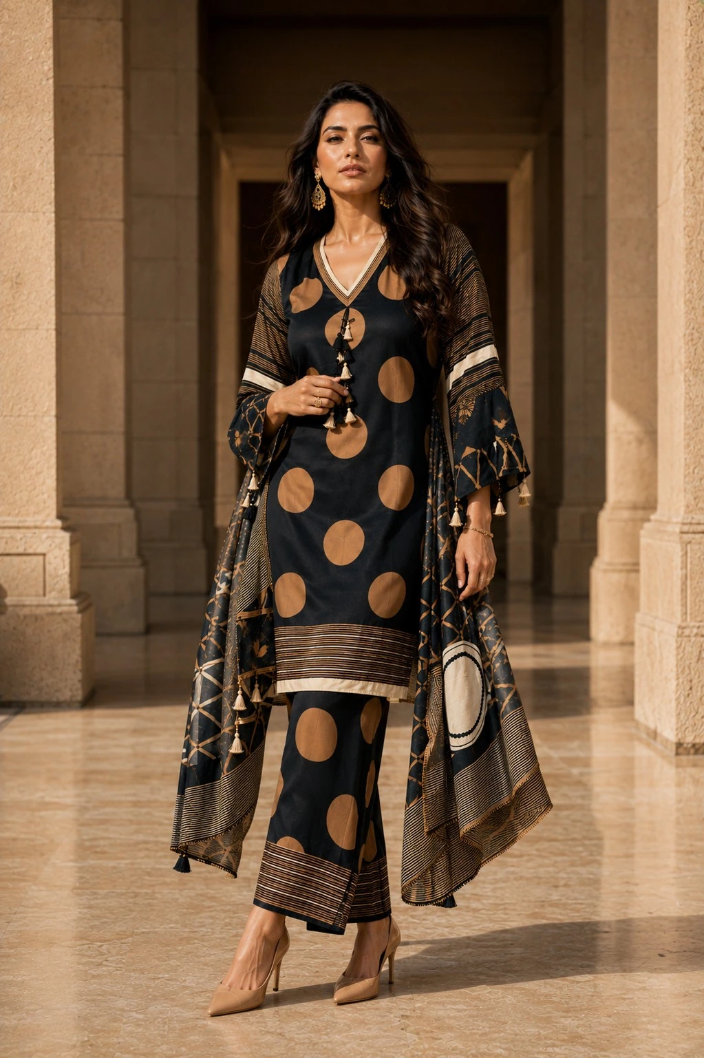 Black & Gold Muslin Kurta Set with Palazzo & Dupatta