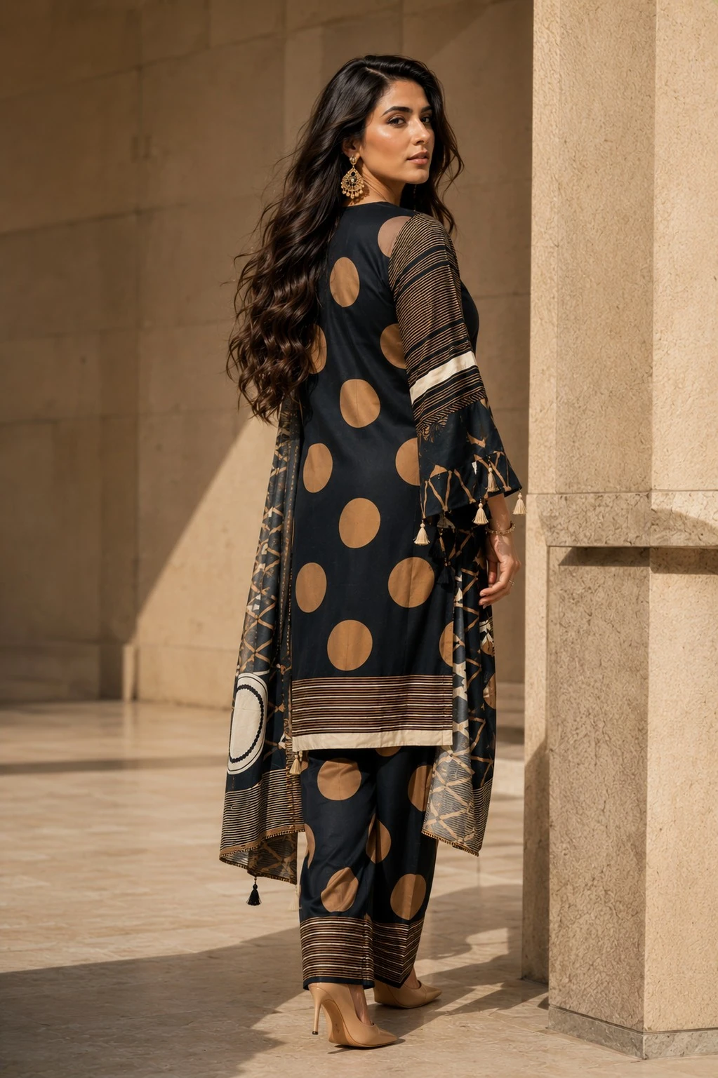 Black & Gold Muslin Kurta Set with Palazzo & Dupatta — view 2