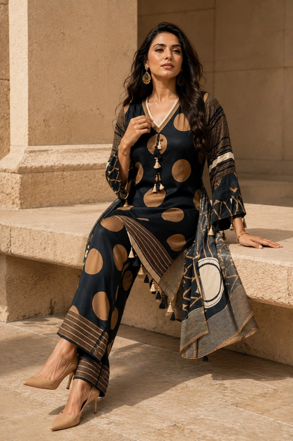 Black & Gold Muslin Kurta Set with Palazzo & Dupatta — view 3
