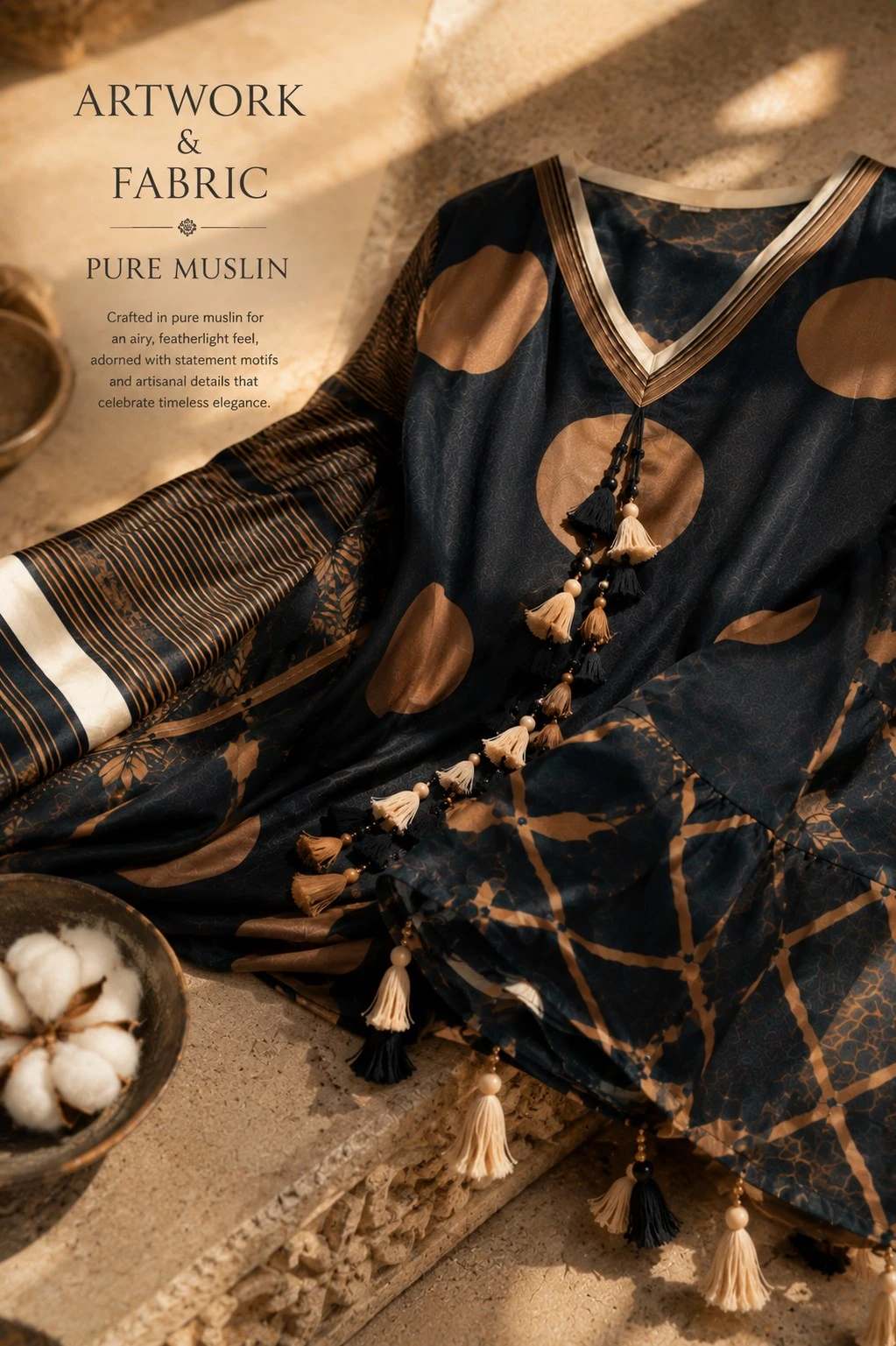 Black & Gold Muslin Kurta Set with Palazzo & Dupatta — view 6