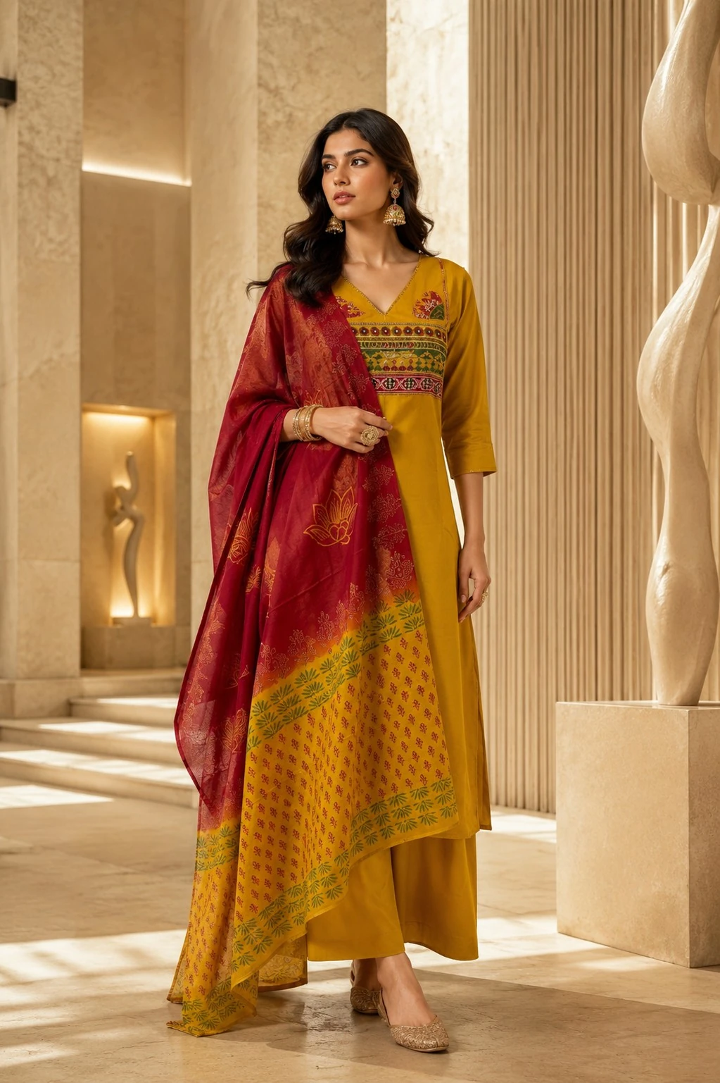 Mustard Mirror Work Cotton Kurta Set with Palazzo & Dupatta