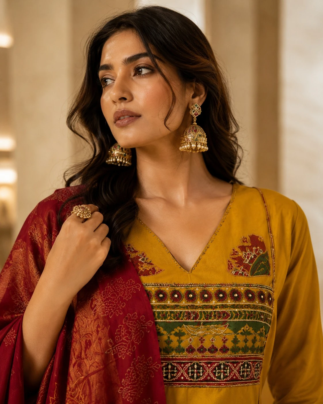 Mustard Mirror Work Cotton Kurta Set with Palazzo & Dupatta — view 2