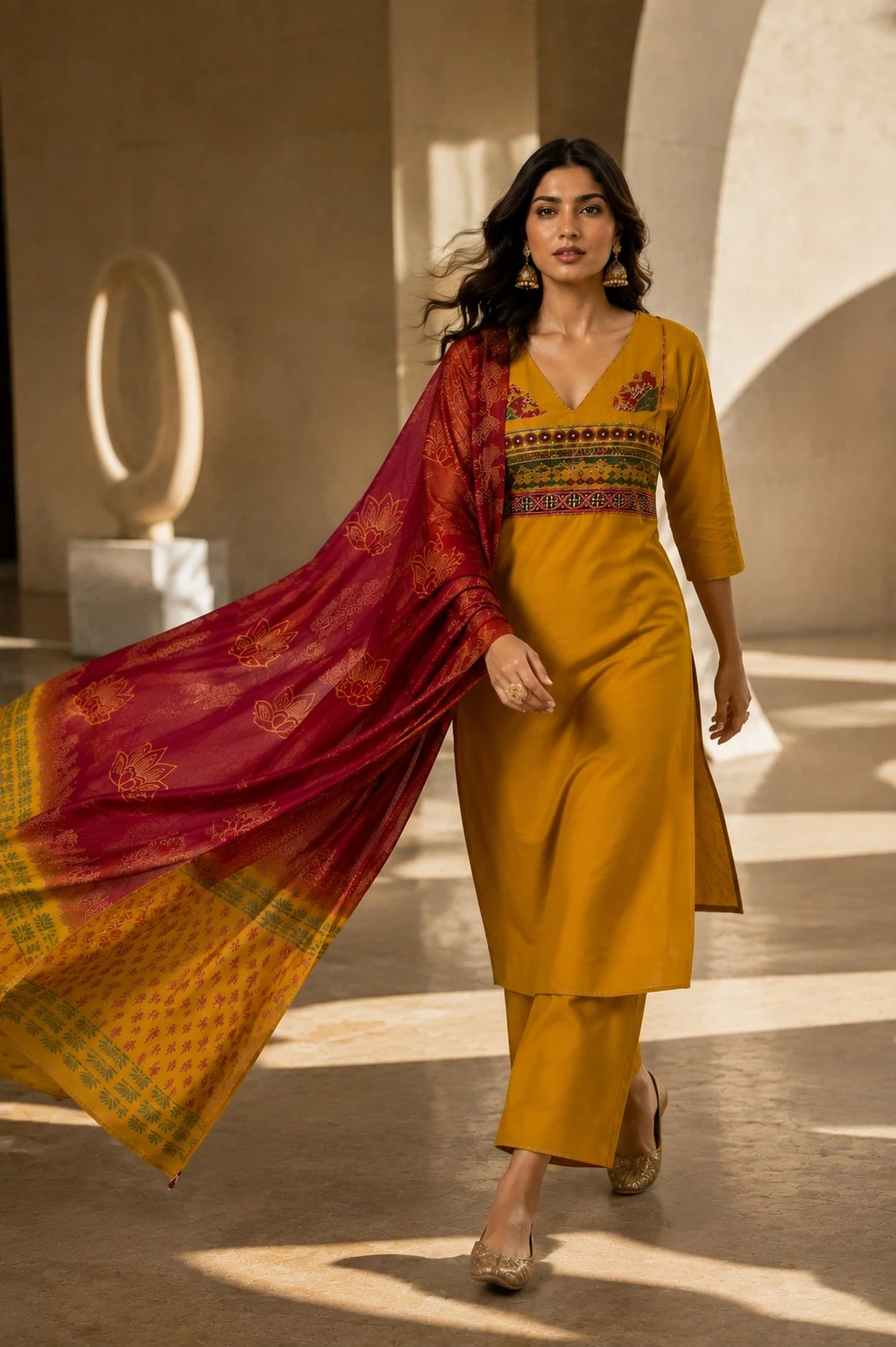 Mustard Mirror Work Cotton Kurta Set with Palazzo & Dupatta — view 3