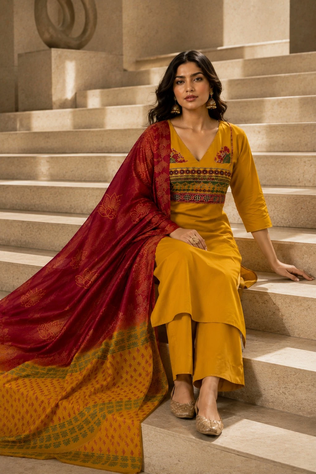 Mustard Mirror Work Cotton Kurta Set with Palazzo & Dupatta — view 4
