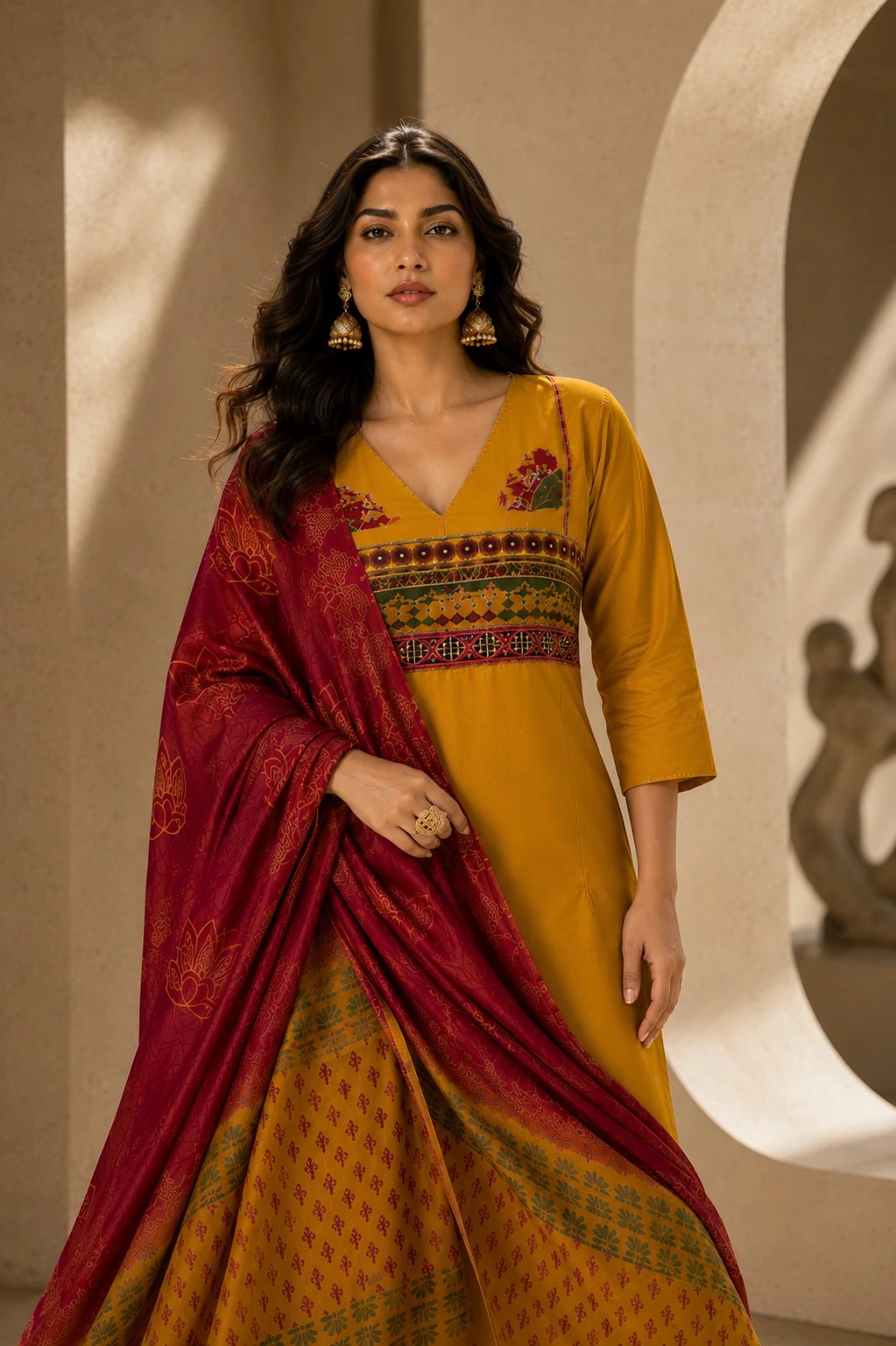 Mustard Mirror Work Cotton Kurta Set with Palazzo & Dupatta — view 5