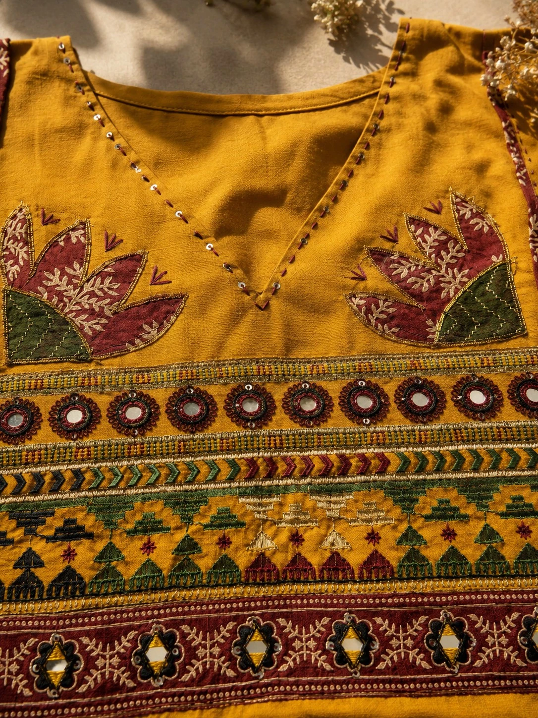 Mustard Mirror Work Cotton Kurta Set with Palazzo & Dupatta — view 6