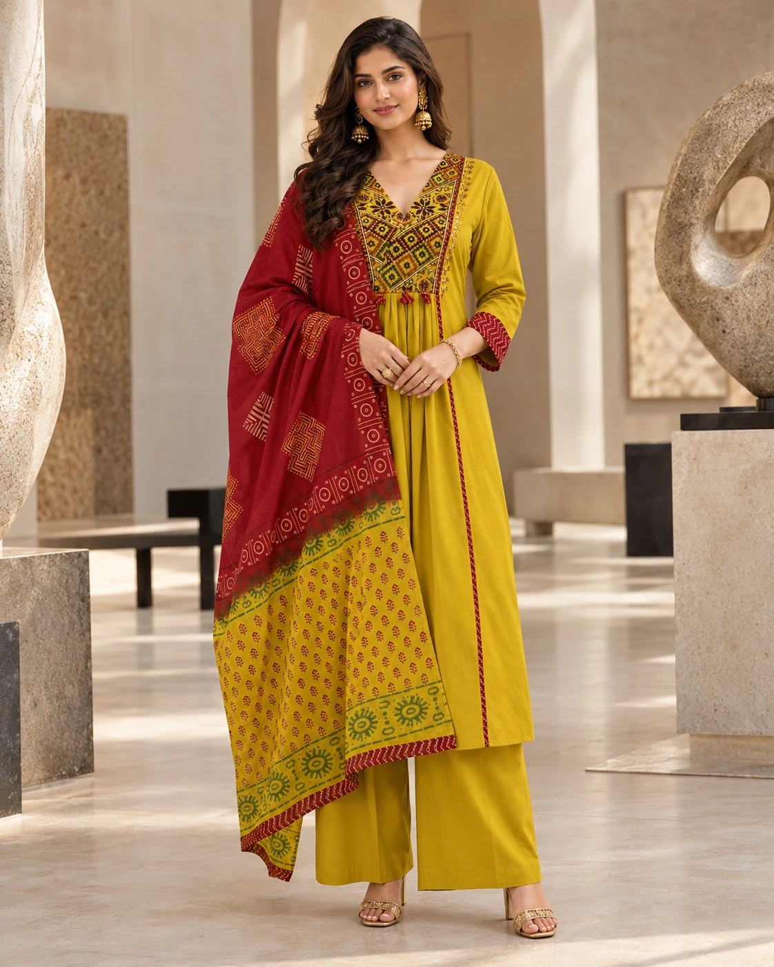 Lime Yellow Gujarati Mirror Work Kurta Set with Palazzo & Dupatta