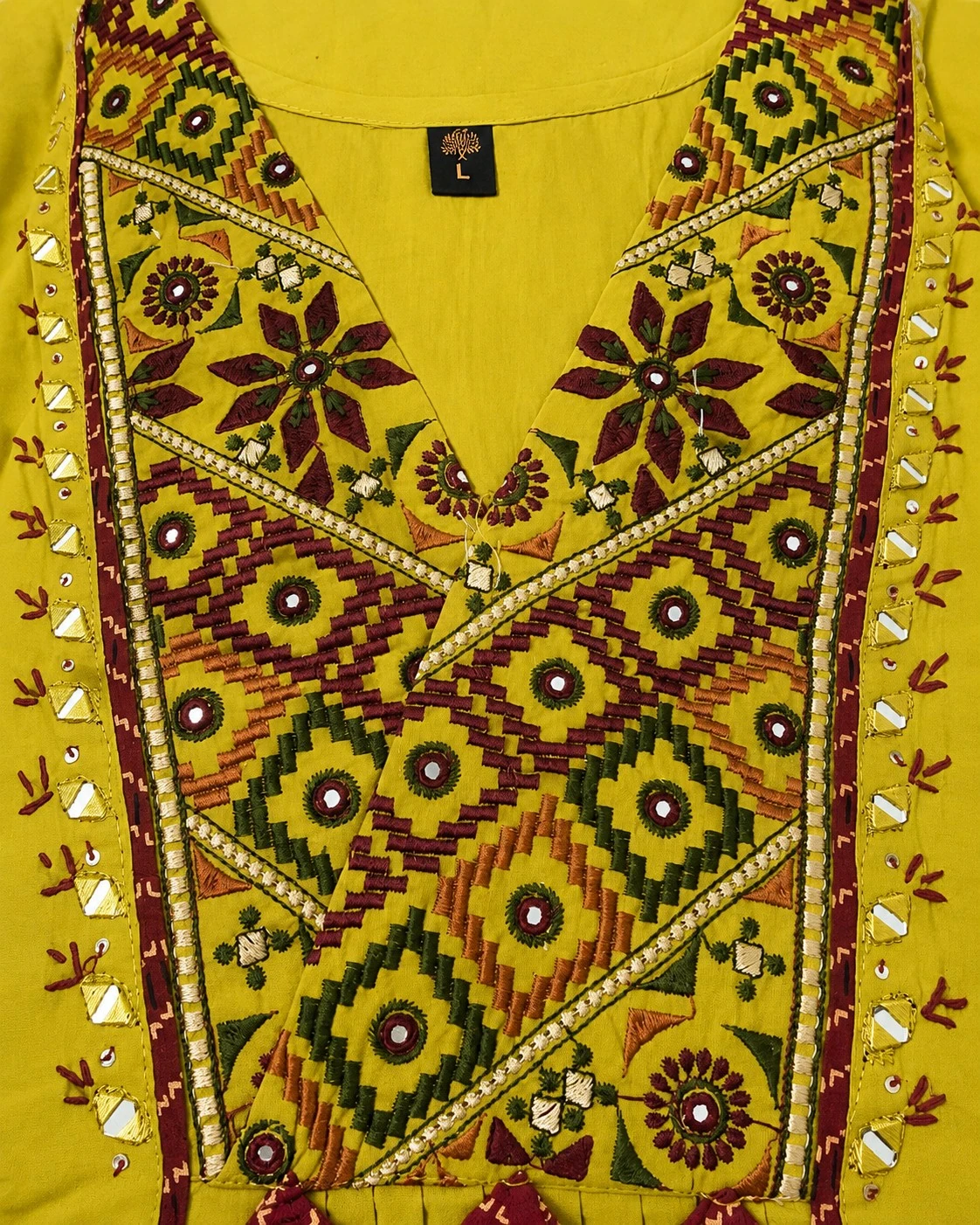 Lime Yellow Gujarati Mirror Work Kurta Set with Palazzo & Dupatta — view 3