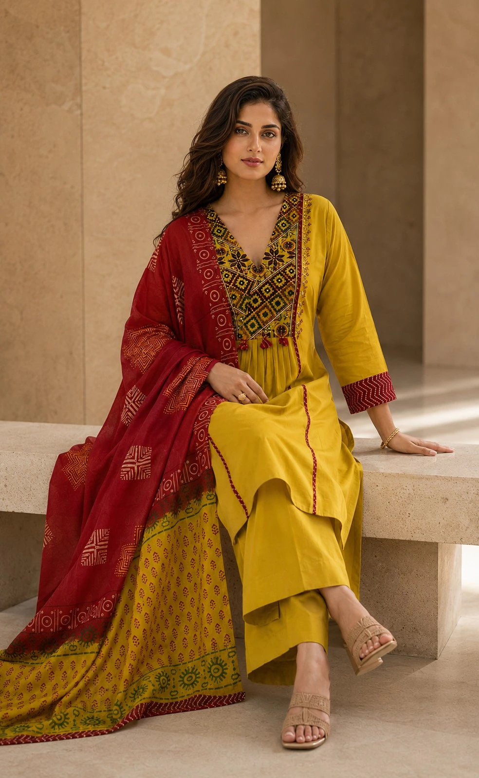 Lime Yellow Gujarati Mirror Work Kurta Set with Palazzo & Dupatta — view 4