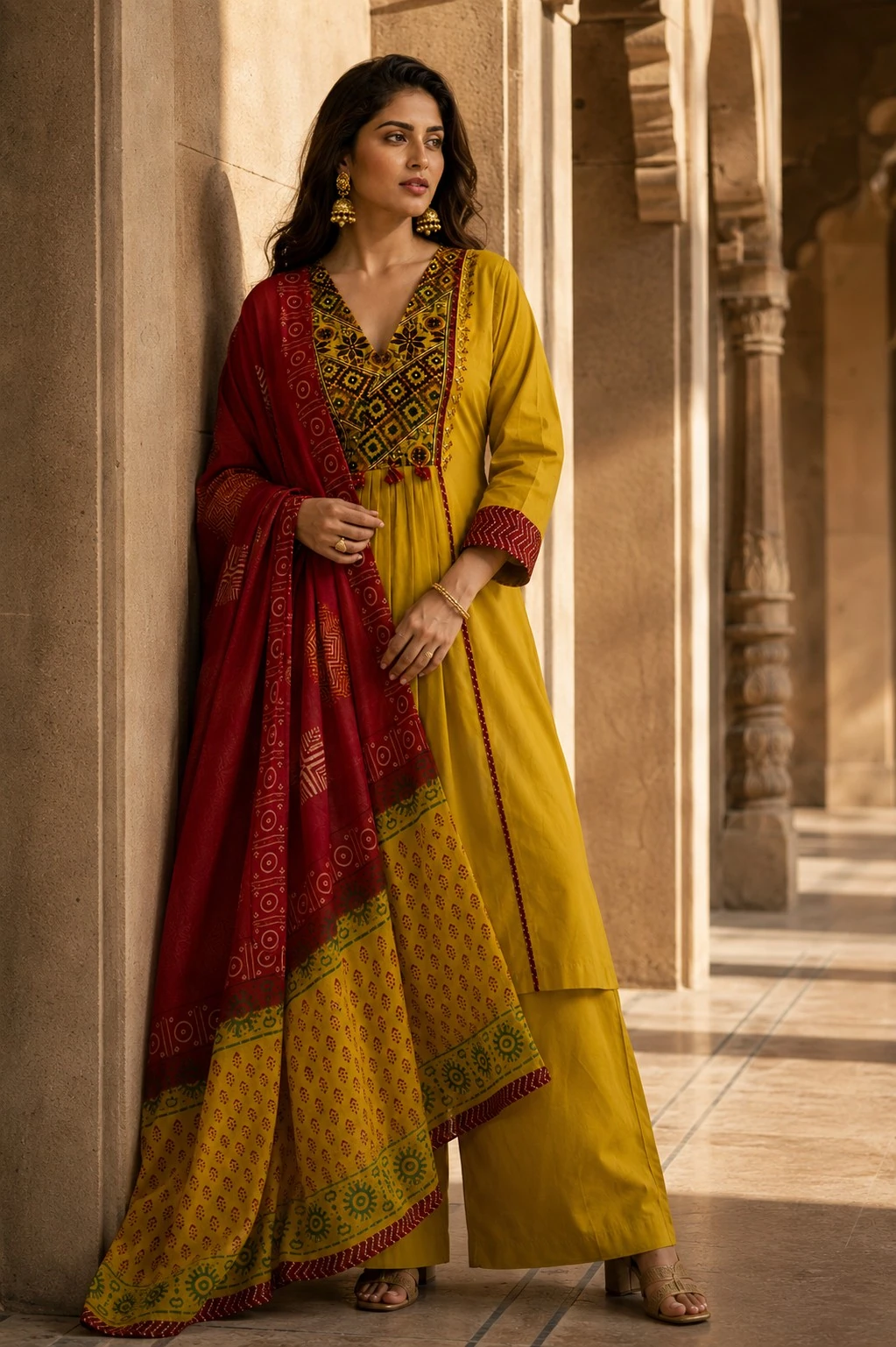 Lime Yellow Gujarati Mirror Work Kurta Set with Palazzo & Dupatta — view 5