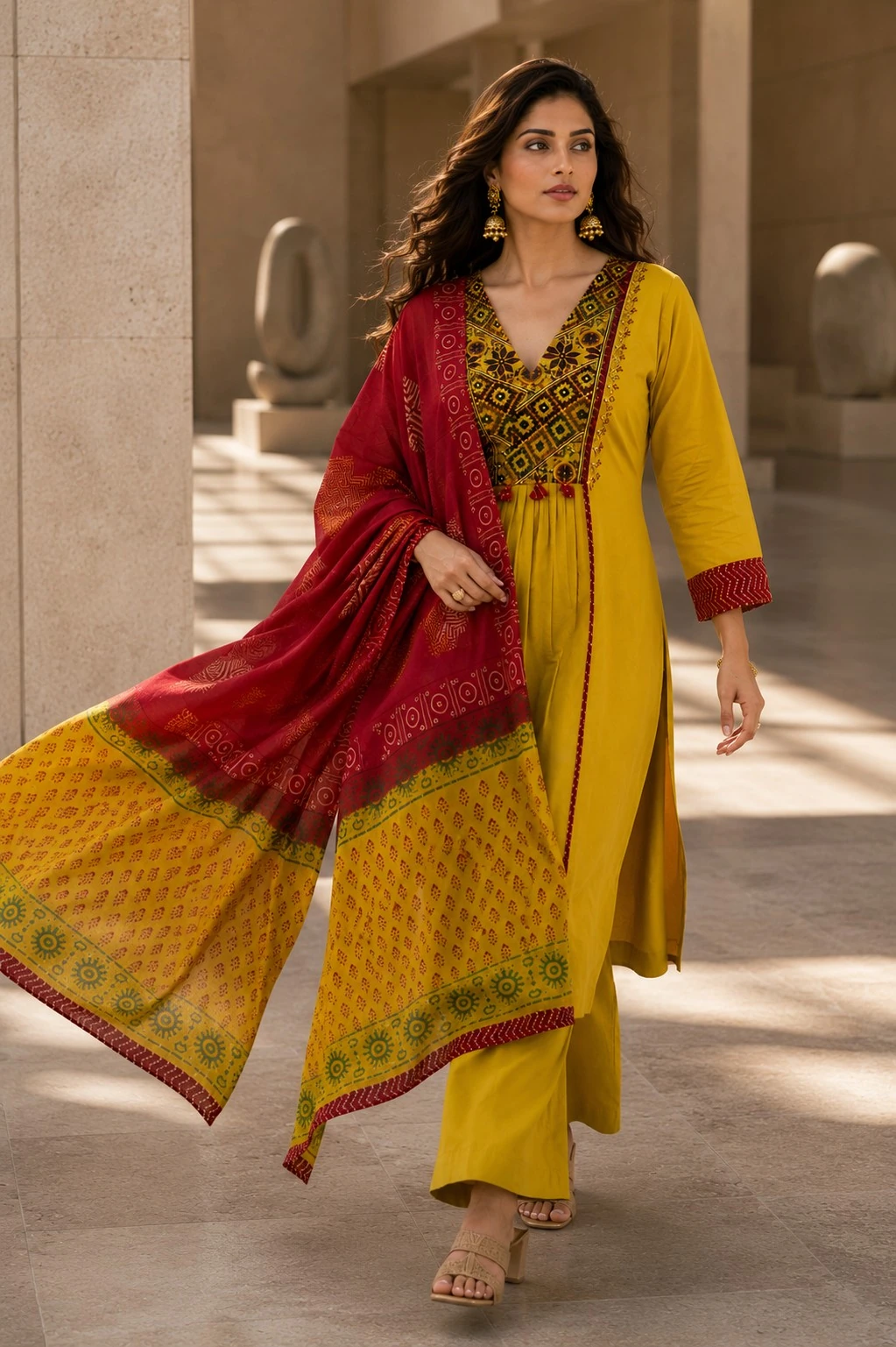 Lime Yellow Gujarati Mirror Work Kurta Set with Palazzo & Dupatta — view 6