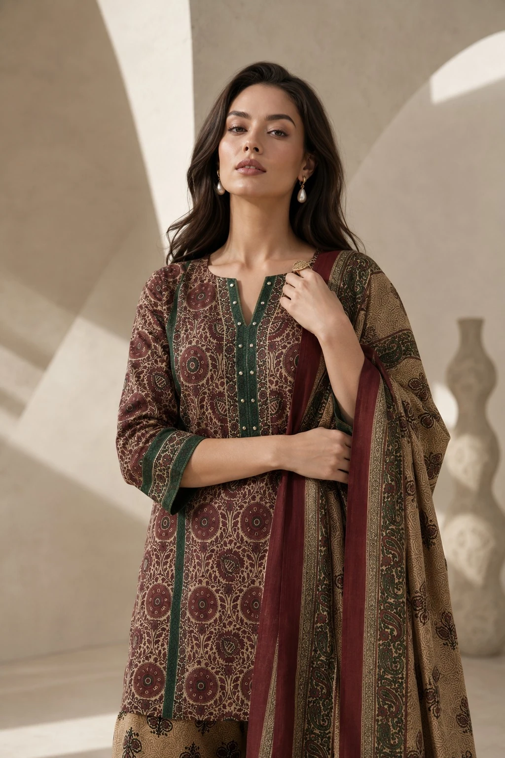 Beige & Maroon Ajrakh Print Cotton Kurta Set with Salwar & Dupatta